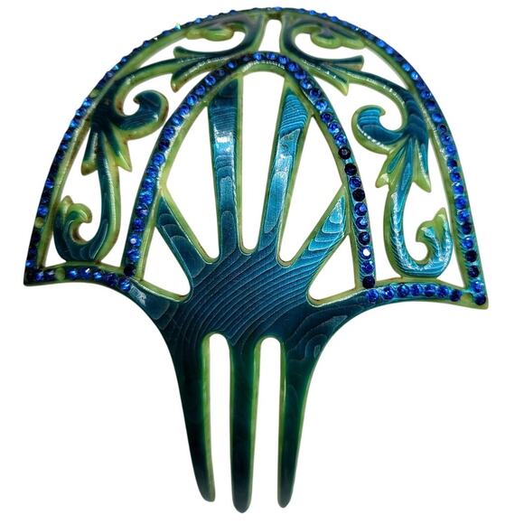 Vintage Romantic Art Nouveau Green Celluloid Blue Rhinestone Hair Comb Coquette - Picture 1 of 8